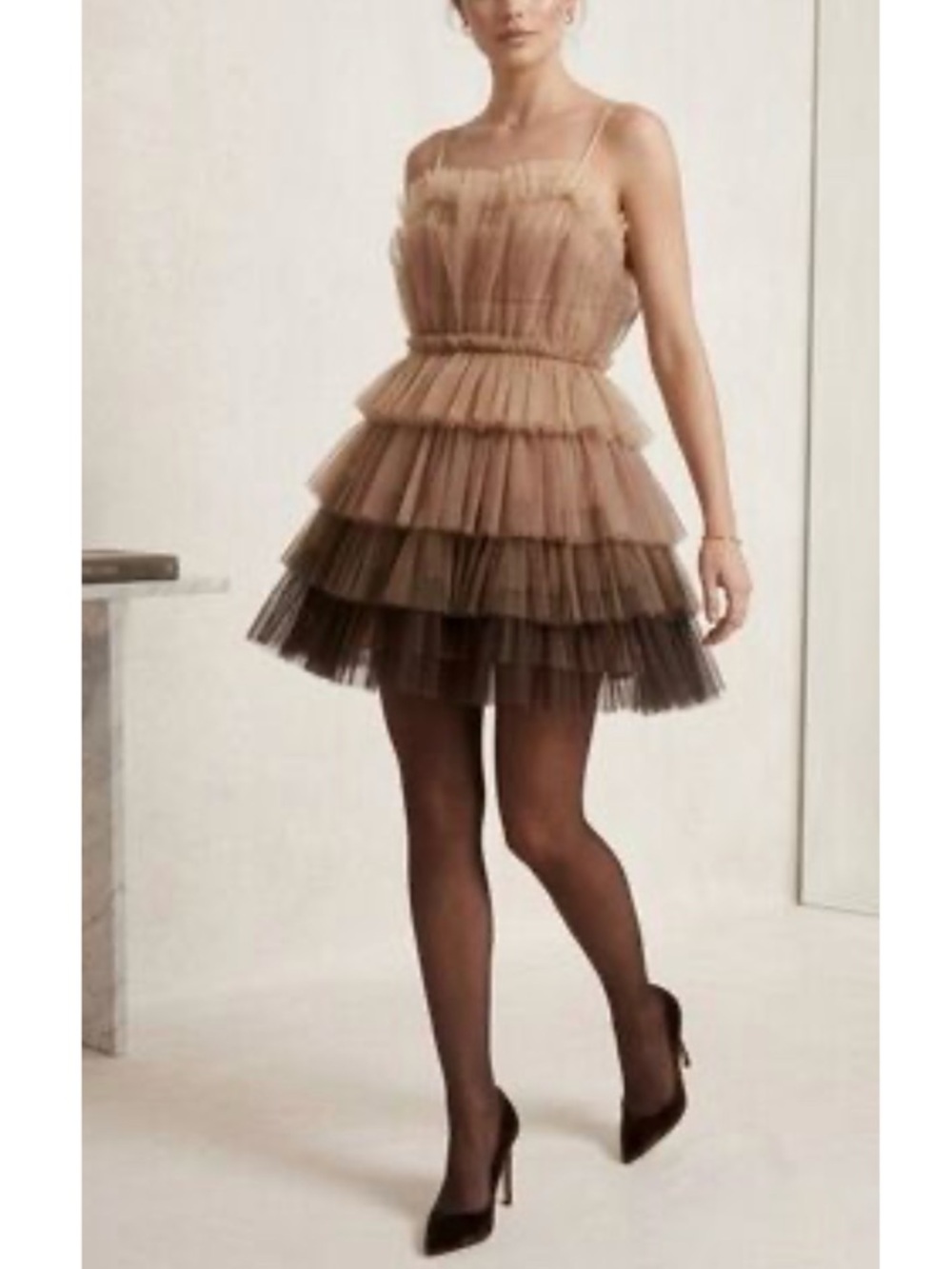 Storia Chiffon Tulle Ombre Pleated Fit & Flare Mini Dress Event Brown Small